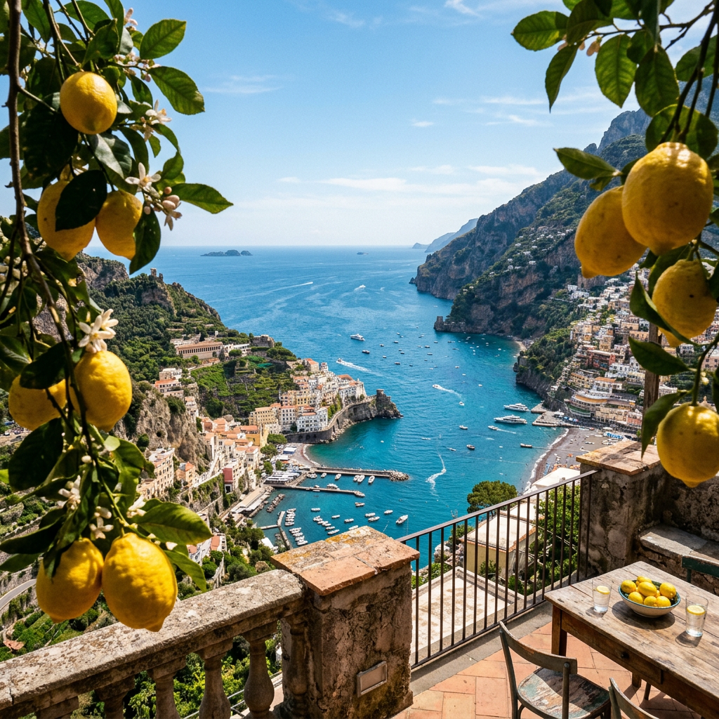 Terrace with lemons, table, and Amalfi Coast bay view